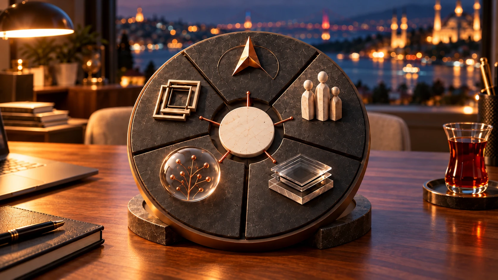 A compass where five leadership areas converge on business impact.