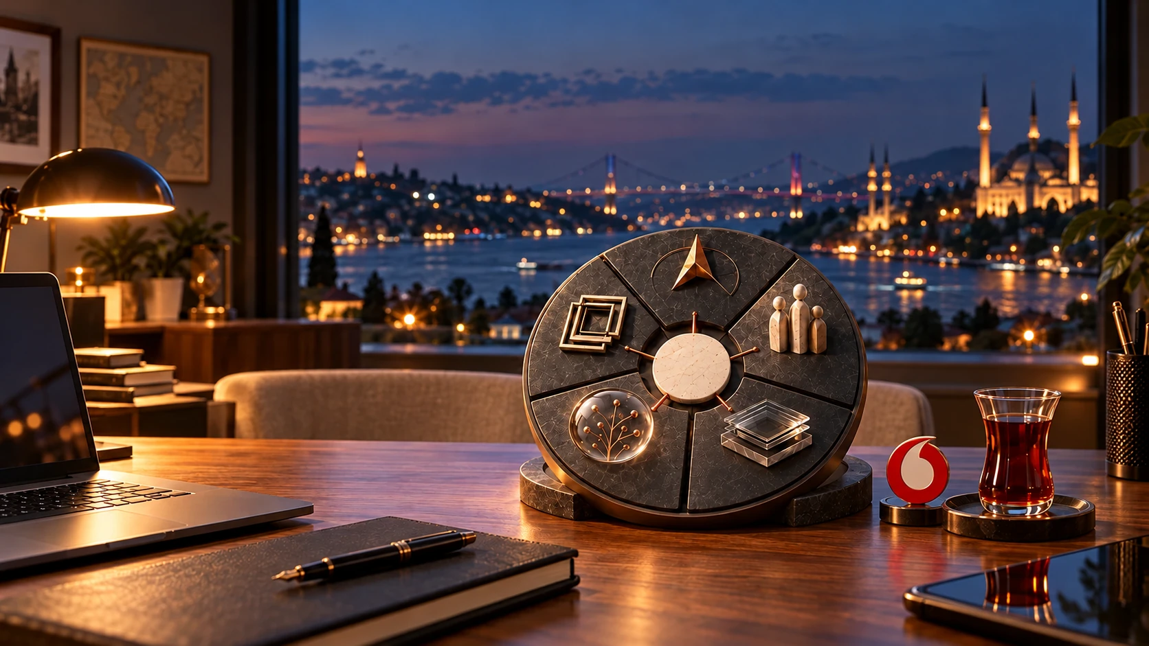 Close-up of the walnut desk; computer, notebook, tablet and leadership compass.