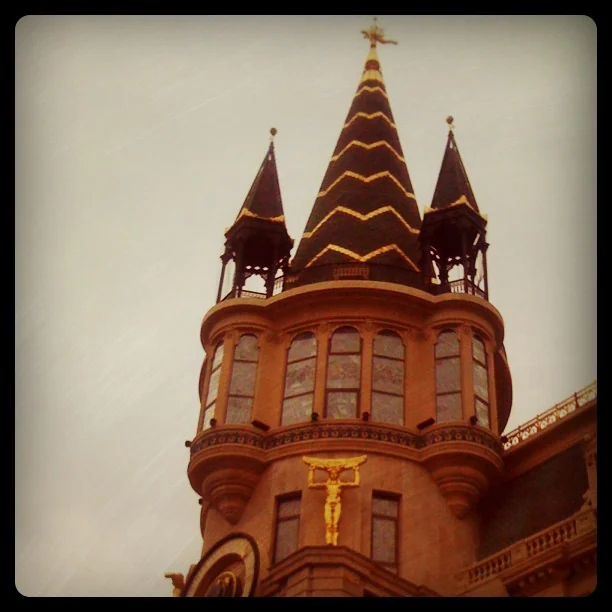 A building with a red tower from my trip to Georgia.